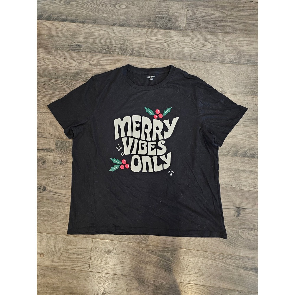 Women's XXL Old Navy Black Merry Vibes Only Christmas Holiday T Shirt